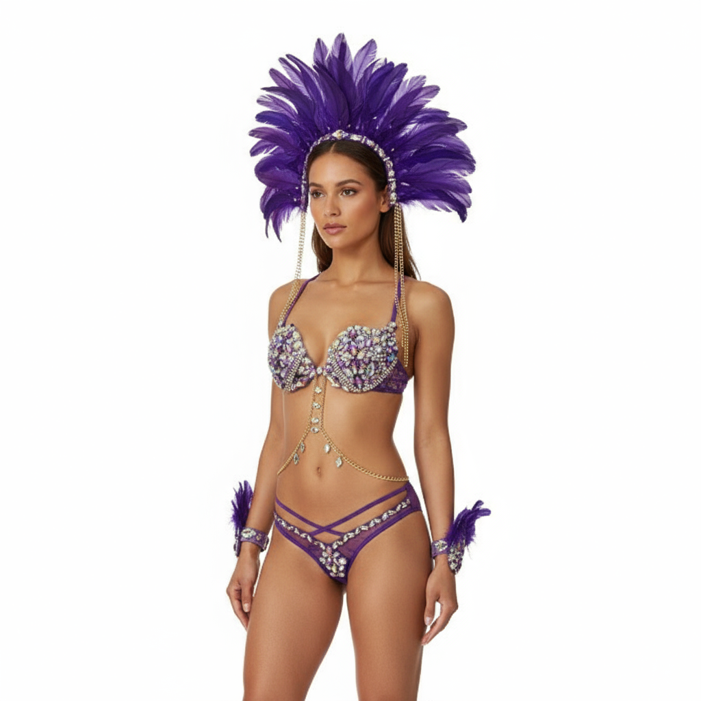 Samba Carnival Handmade Wire Bra And Bottom With Feather Headpiece And Arm,Leg Piece For Halloween Festival
