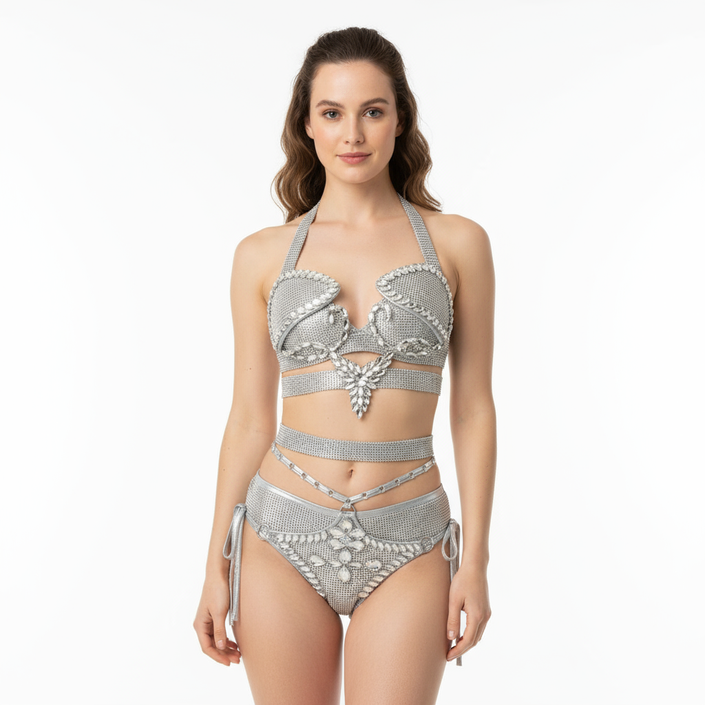 Samba Carnival Handmade Wire Bra And Bottom With Stones Silver Color For EDC Festival