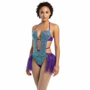 Samba Carnival Handmade Stones Bodysuit With Feather Mini Skirt For EDC Costumes