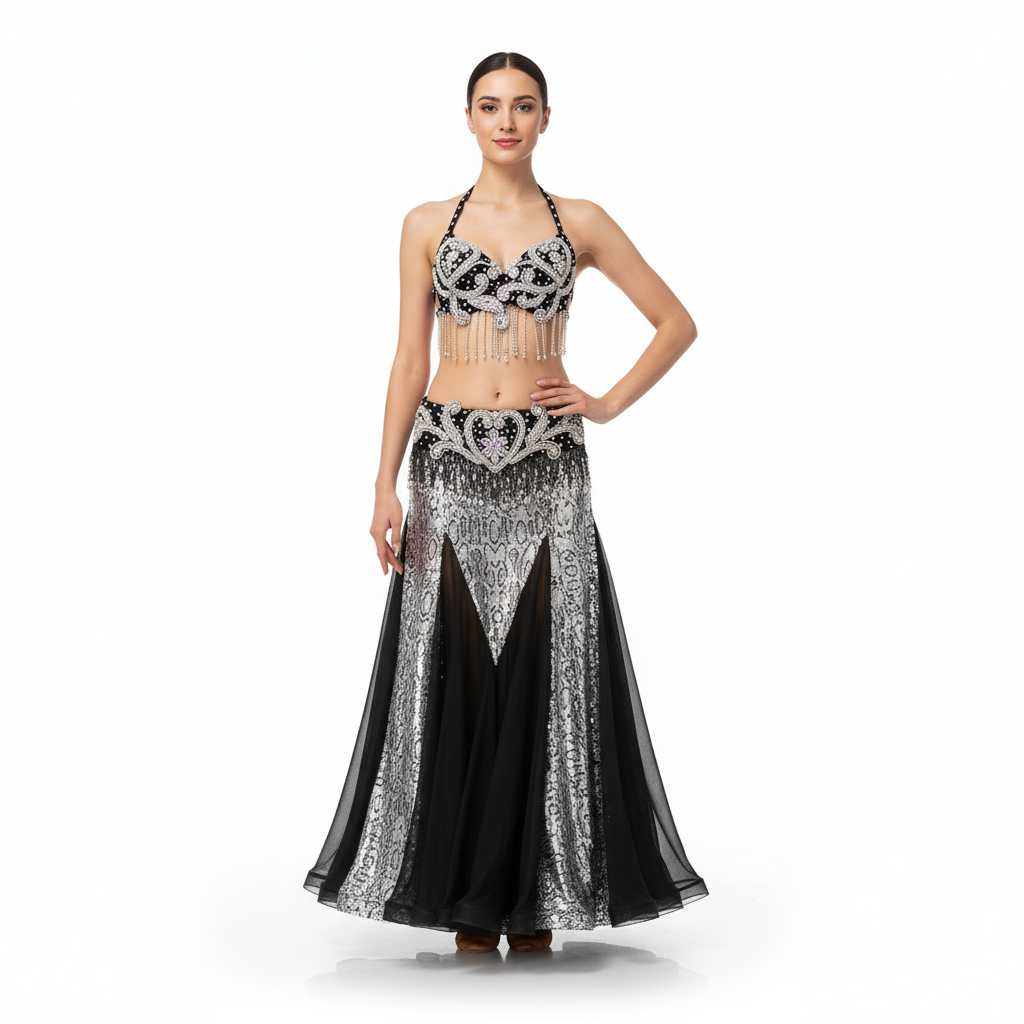 Professional Belly Dance Costumes Women Rhinestone Bra Belt Long Skirt 3pcs Belly Dancing Set Carnival Costume Clothes Outfits TF1909+SK1910 Black