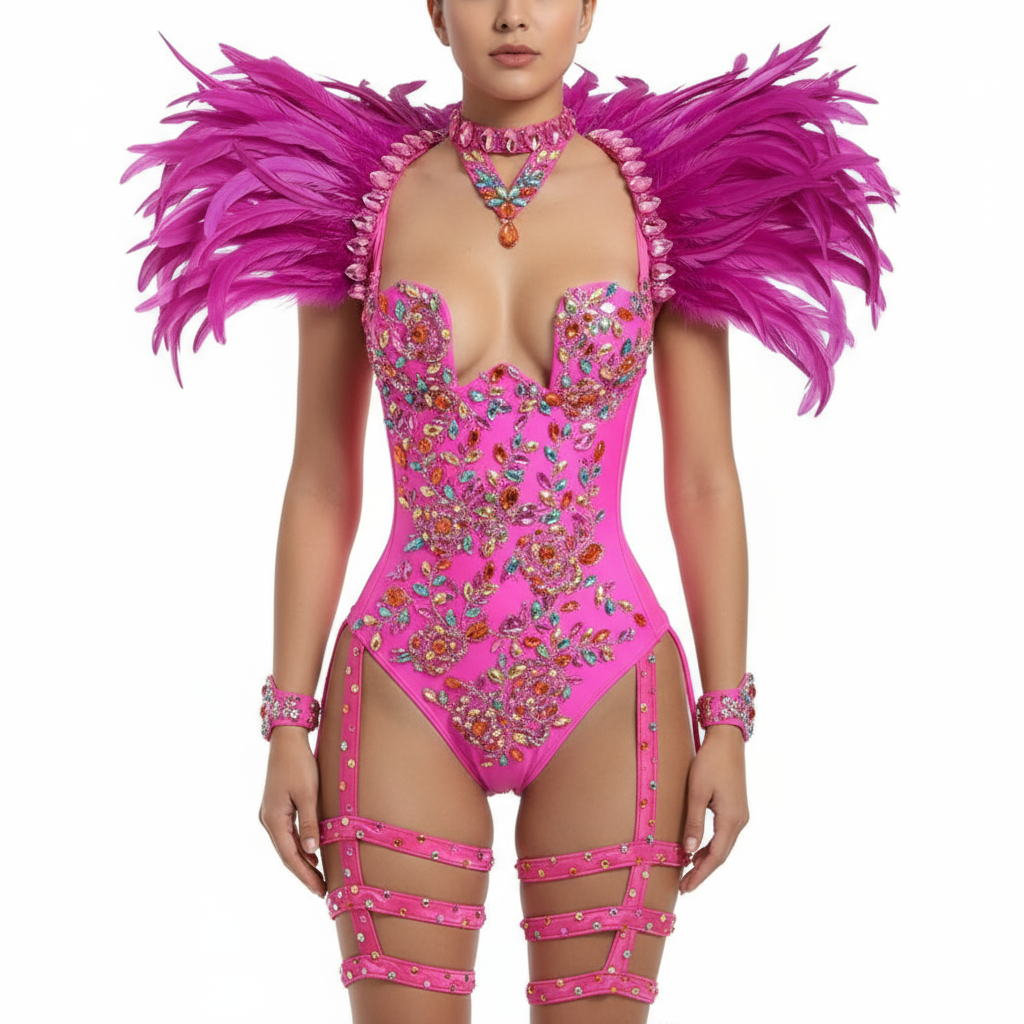 Samba Carnival Handmade Bodysuit With Feather Set And Stones Decorate For EDC Festival