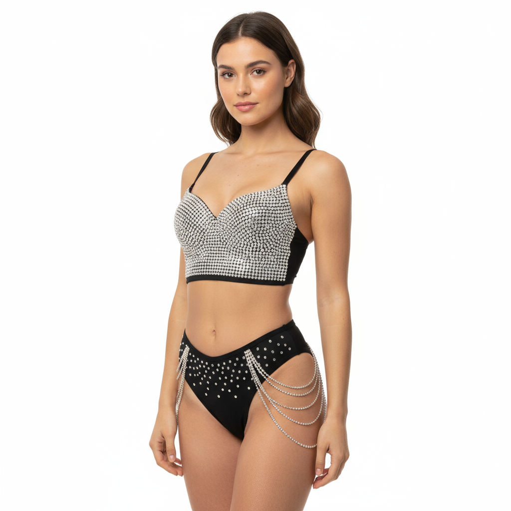 Party Dance Corset+High waist thong Women's Corset Rave Crystal Showgirl