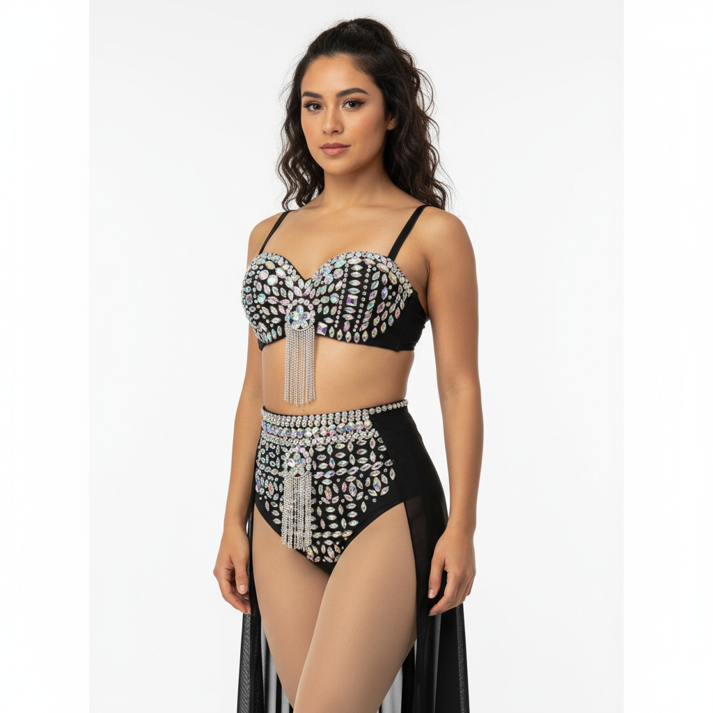 Samba Carnival Performance Set Handmade Rainbow stones Costumes Bra,High Waist Bottom With Skirt