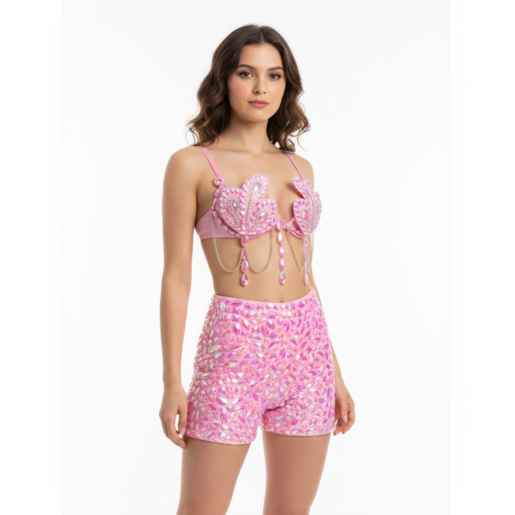 Samba Carnival Bra High Waist Pants Pink Color Stone Hand Made 2 Piece Set dance party wear BP008