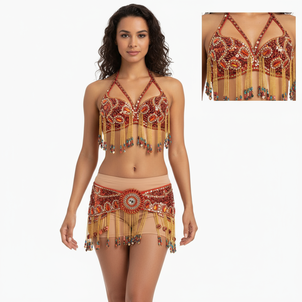 Women's Beaded Belly Dance Costume Top Bar+Belt 2pcs Set Bellydance Clothes Sexy Night Stage Dancewear Carnival Costume TF1411