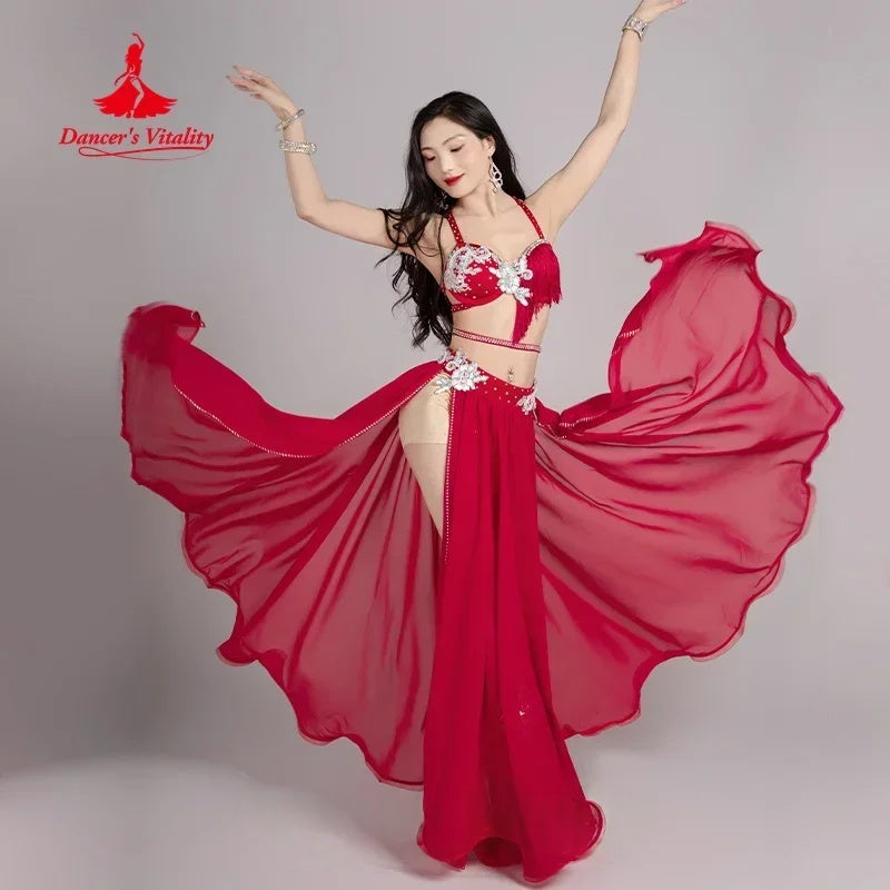 Belly Dance Costume for Women, Red Chiffon Sequin Embroidered Bra and Skirt Set, Professional Performance Outfit