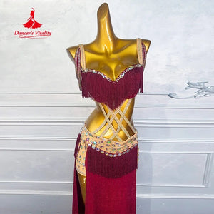 Latin Dance Dress Women's Maroon Fringe Rhinestone Cutout Performance Costume