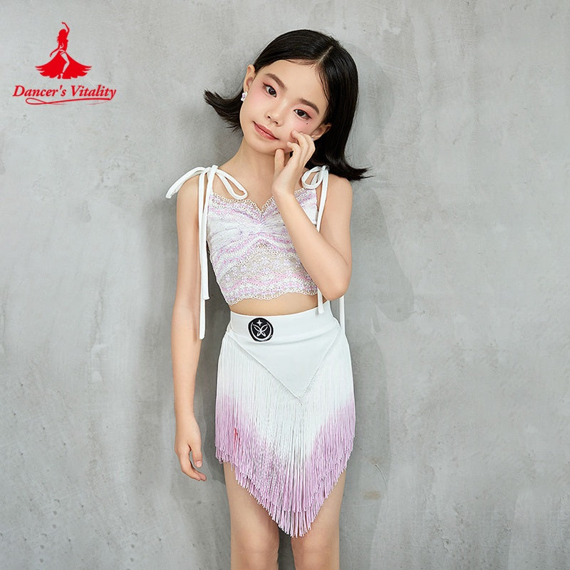 Girls White & Pink Sequin Fringe Latin Dance Dress, Spaghetti Strap Crop Top & Asymmetrical Skirt Set