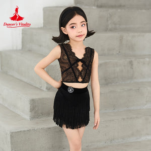 Kids Girls Black Lace Crop Top Fringe Skirt Latin Dance Costume