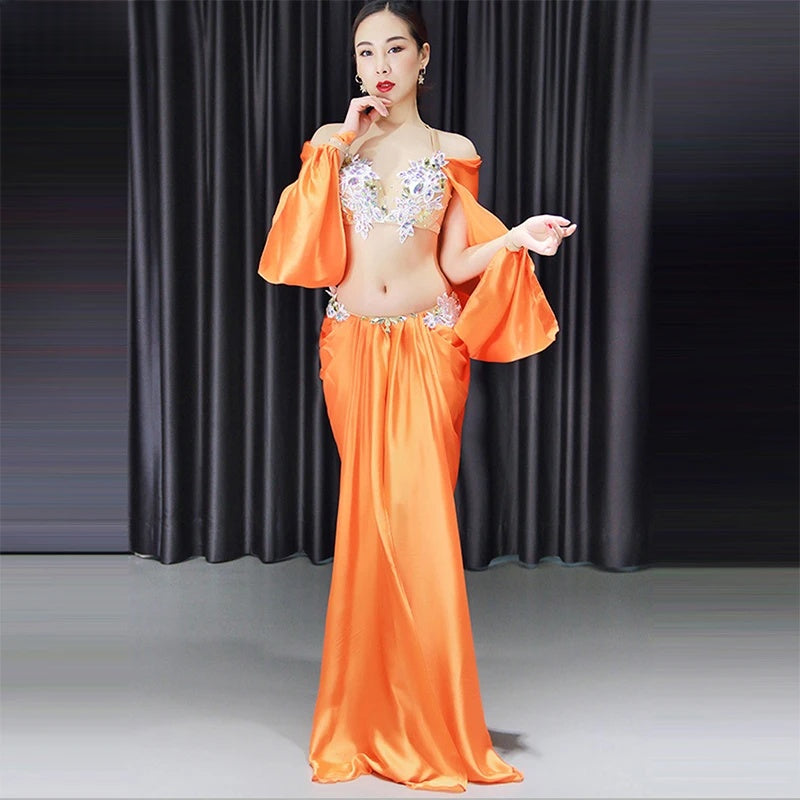 Belly Dance Costume Women Orange Satin Embroidered Crop Top with Bell Sleeves and Long Skirt