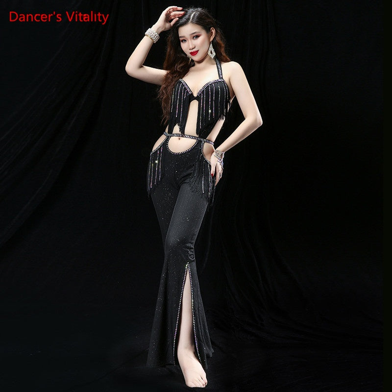Women's Black Sparkle Halter Neck Fringe Cutout Belly Dance Jumpsuit with Slit Leg