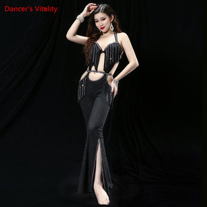 Women's Black Sparkle Halter Neck Fringe Cutout Belly Dance Jumpsuit with Slit Leg
