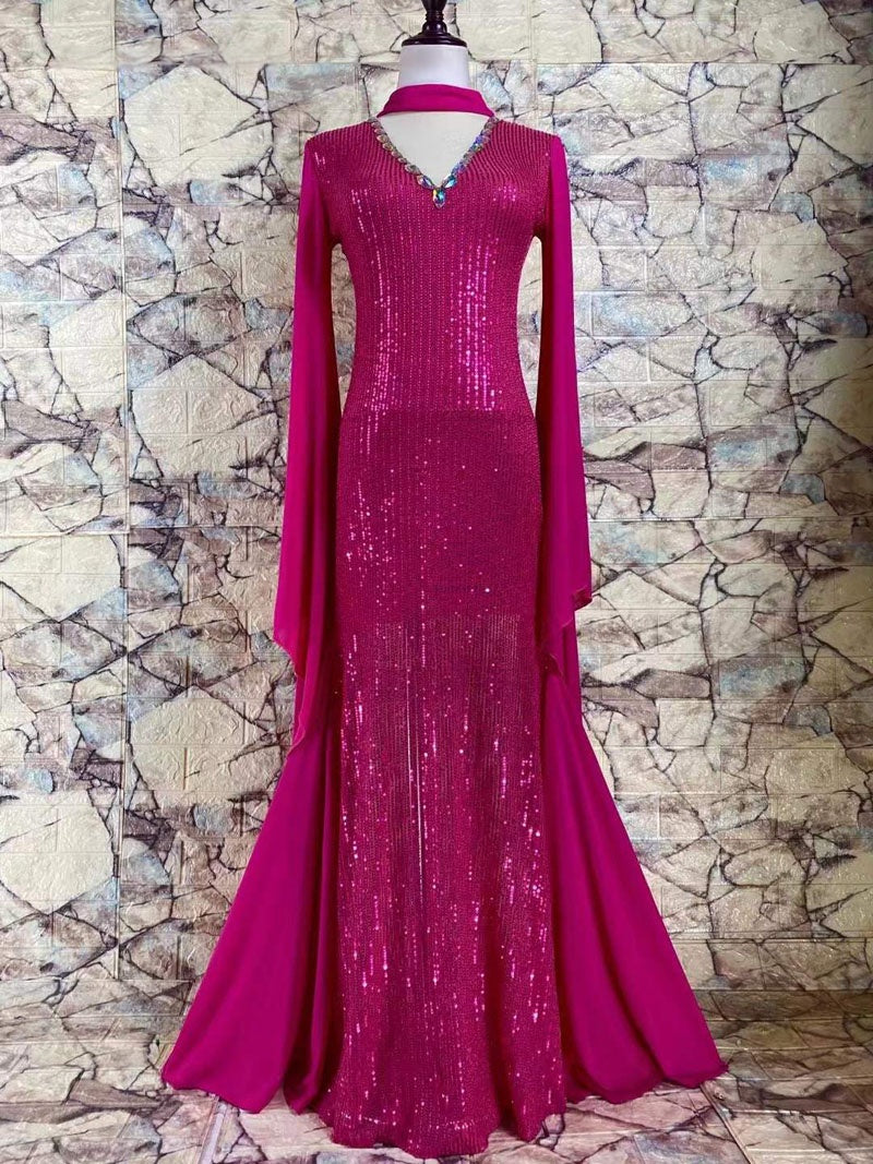 Women's Fuchsia Sequin & Chiffon Latin Ballroom Dance Dress with Halter Neck and Flowing Sleeves