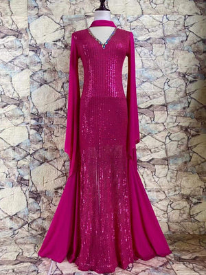 Women's Fuchsia Sequin & Chiffon Latin Ballroom Dance Dress with Halter Neck and Flowing Sleeves