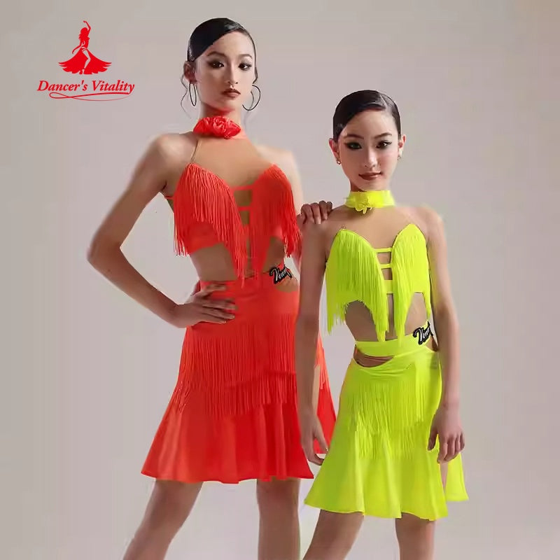 Latin Dance Dress, Girls & Women's, Orange & Neon Yellow, Fringe Cut-out Halterneck, Ballroom Salsa Cha Cha Rumba Tango