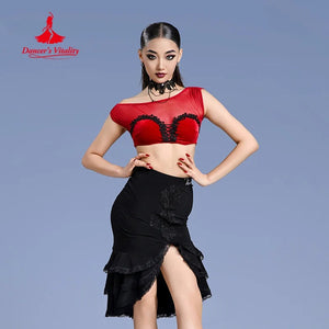 Women's Red and Black Lace Mesh Off-Shoulder Crop Top and Ruffled Slit Skirt Latin Dancewear