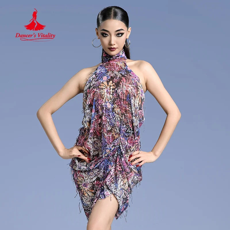 Ballroom Dance Dress Women's Multicolor Halter Neck Fringe Ruffle Latin Salsa Cha-Cha Rumba Performance Costume