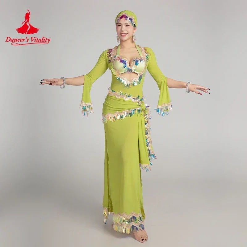 Belly Dance Costume Women's Lime Green Sequin Embellished Long Sleeve Bra Top & Skirt Set for Performance