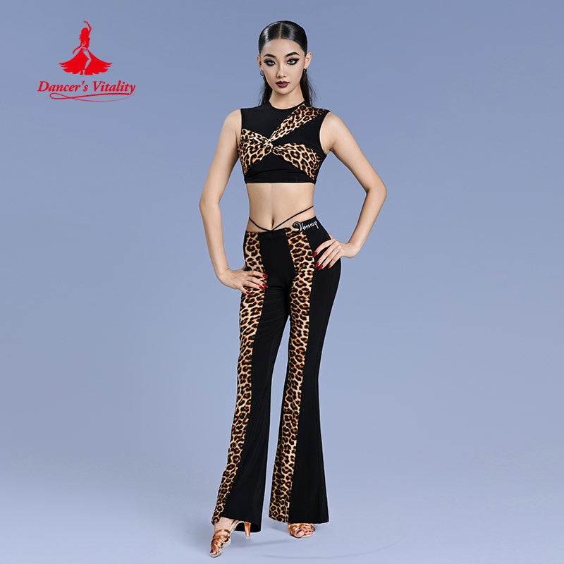 Women's Black Leopard Print Crop Top and Flared Pants Latin Dance Set