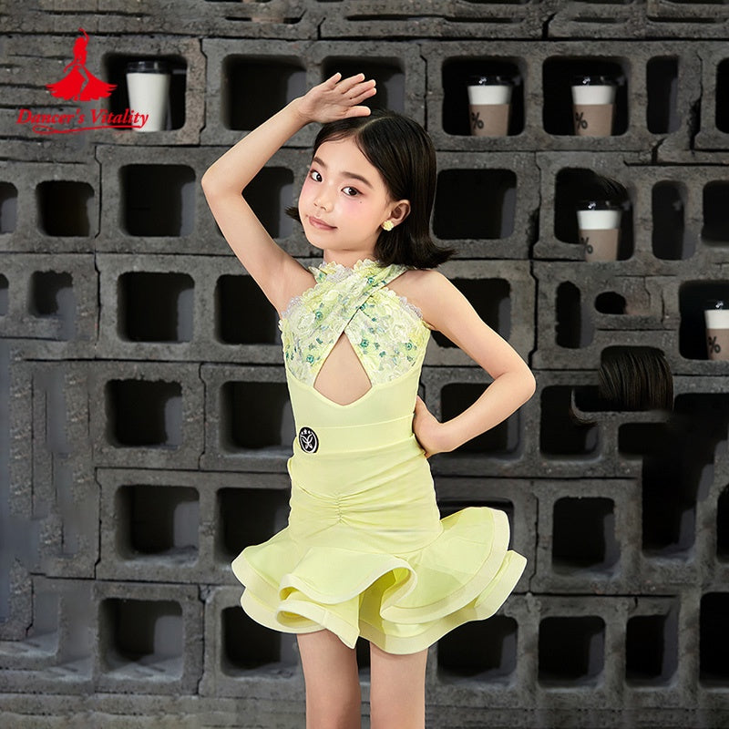 Girls Yellow Halter Neck Floral Lace Cutout Ruffled Latin Dance Dress