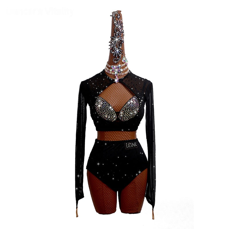 Latin Dance Costume Women's Black Rhinestone Mesh Long Sleeve Crop Top and High Waist Shorts
