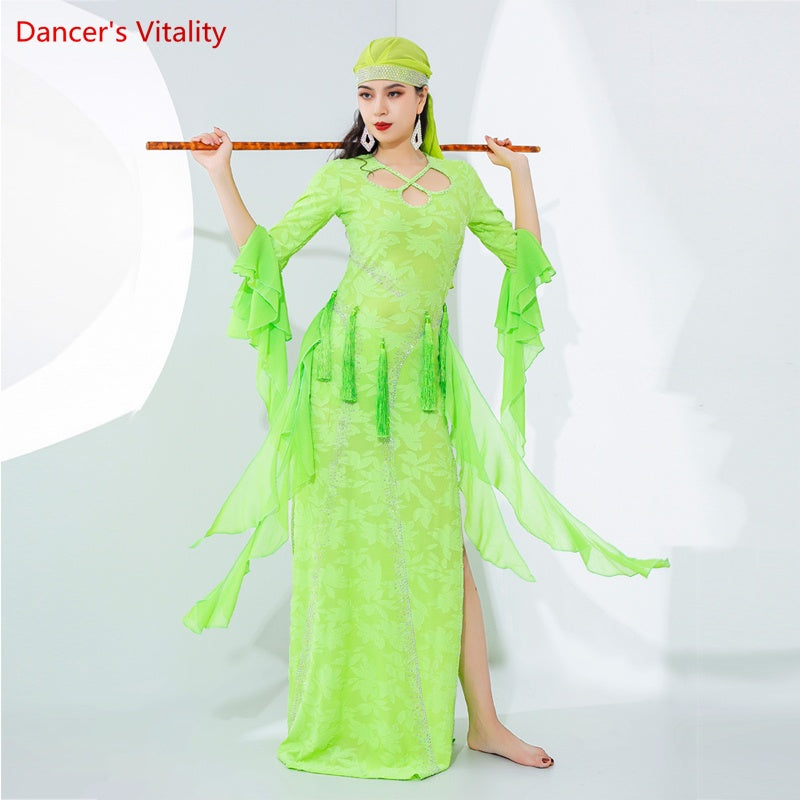 Women's Lime Green Chiffon & Lace Long Sleeve Tassel Belly Dance Dress with Headband