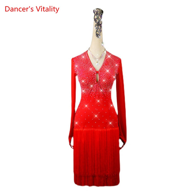 Women's Red Rhinestone Long Sleeve Fringe Latin Dance Dress
