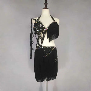 Women's Black Halter Fringe Latin Dance Dress with Rhinestones and Cut-Outs