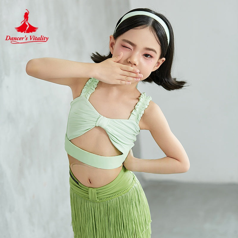 Girls' Light Green Cut-Out Ruffled Crop Top & Fringe Skirt Latin Dance Costume