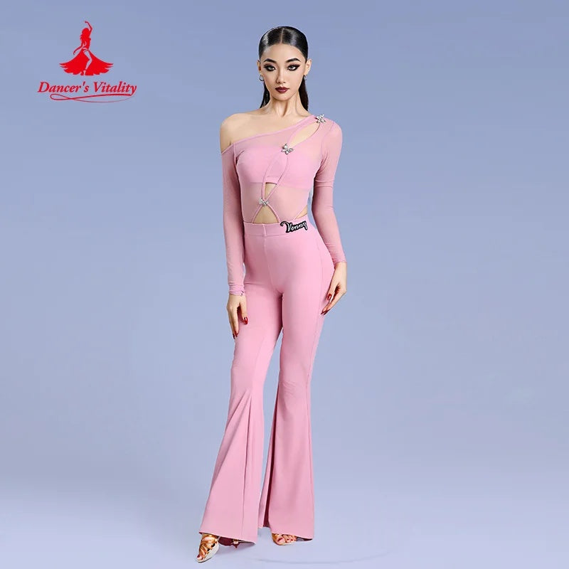 Women's Pink One-Shoulder Mesh Long Sleeve Cutout Embellished Latin Dance Jumpsuit with Flared Pants