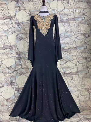 Women's Black Embellished Long Sleeve Glitter Mermaid Ballroom Dance Dress