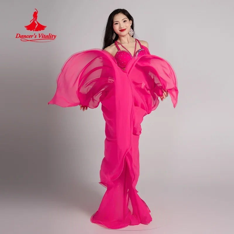 Belly Dance Costume, Women's Hot Pink Chiffon Beaded Halter Top & Skirt Set, Flowy Performance Apparel