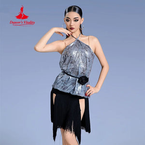 Women's Silver Sequin Halter Top & Black Fringe Latin Dance Skirt Set