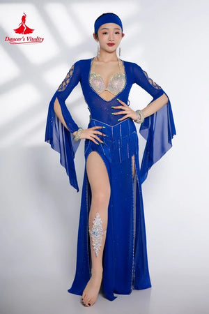 Belly Dance Dress Women Blue Sequin Rhinestone Mesh Long Sleeve Slit Maxi Gown