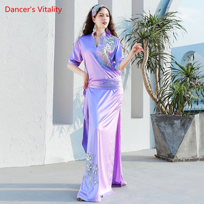 Belly Dance Dress Women Purple Satin Embroidered Kaftan with Slit and Waistband for Oriental Dance