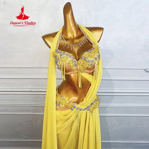 Belly Dance Costume, Women's Yellow Sequin Beaded Chiffon Halter Top & Skirt Set, Professional Performance Wear