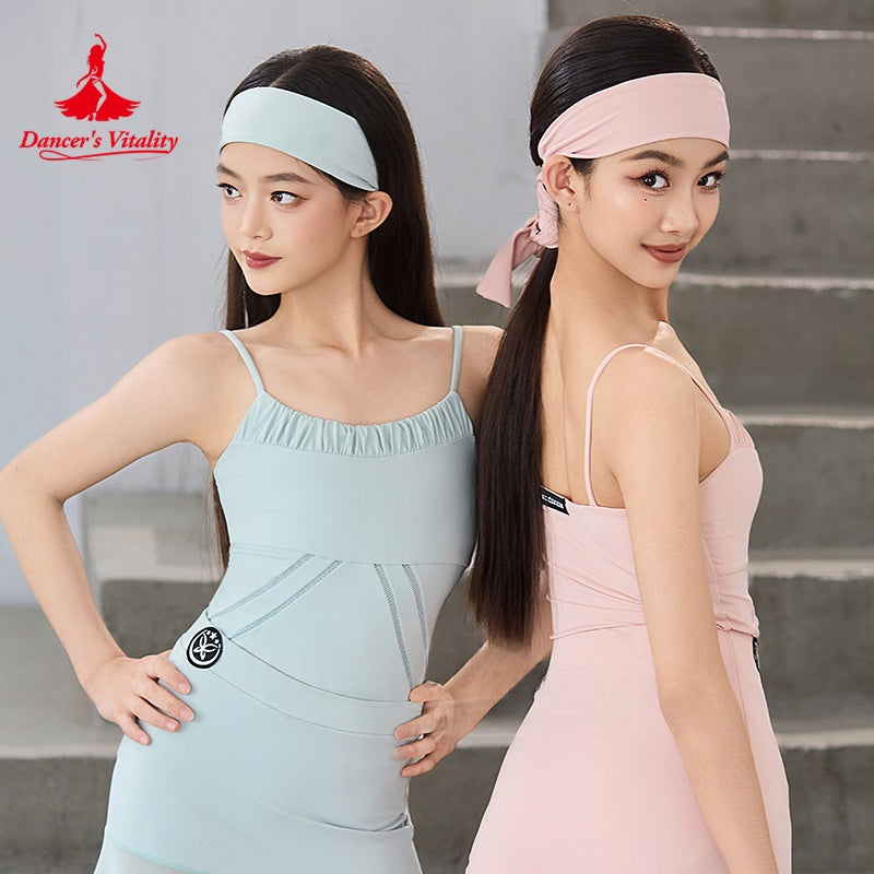 Women's Light Blue and Pink Spaghetti Strap Leotard with Headbands, Ruched Bodice, and Mesh Detailing for Latin Dance