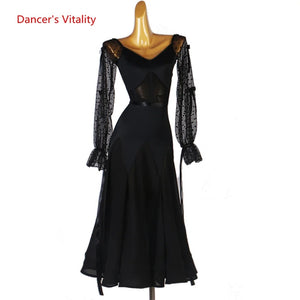 Women's Black Sheer Polka Dot Long Sleeve V-Neck Ballroom Dance Dress