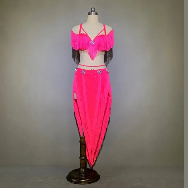 Women's Hot Pink Fringe Sequin Asymmetrical Skirt Latin Dance Dress