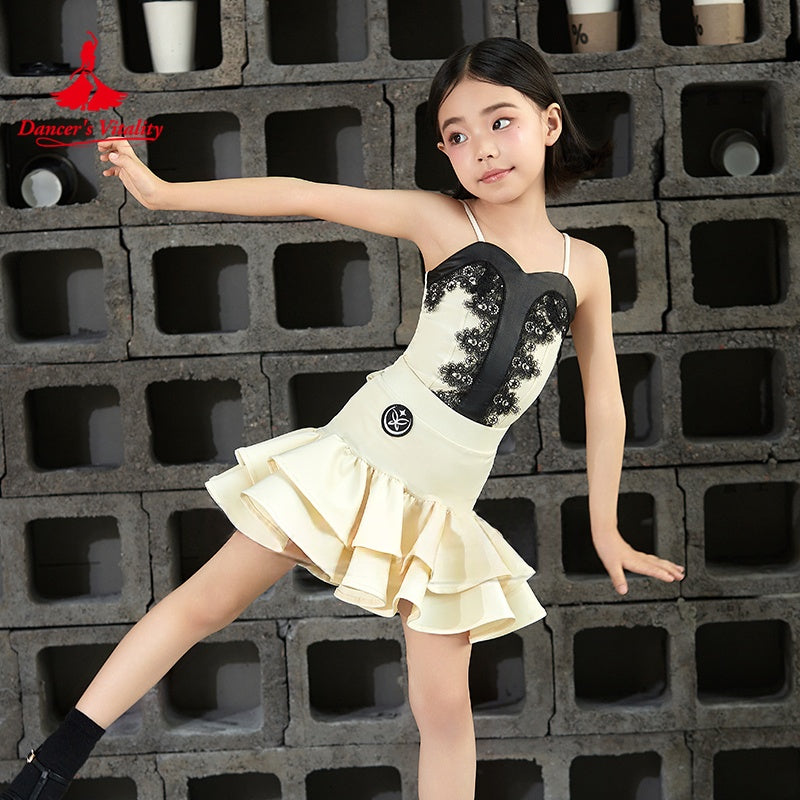 Girls' Ivory & Black Lace Spaghetti Strap Ruffle Latin Dance Dress