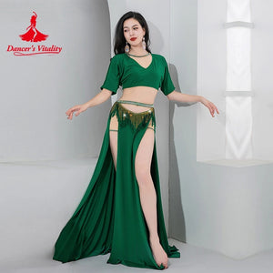 Belly Dance Costume Women's Emerald Green V-Neck Crop Top with Short Sleeves, High Slit Skirt, and Rhinestone Fringe Hip Scarf Set for Performance