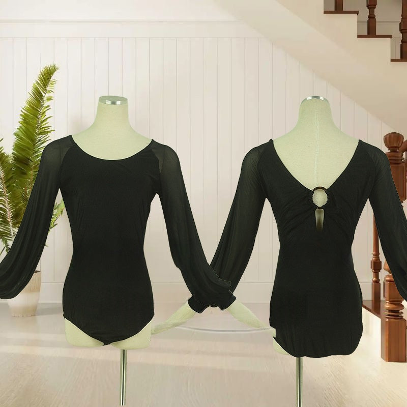 Women's Black Mesh Long Sleeve Leotard with Back Keyhole Ring Detail for Ballroom Dance