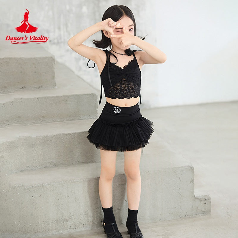 Girls Black Lace Crop Top and Tulle Skirt Latin Dance Costume - Dancer's Vitality