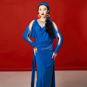 Women's Blue Rhinestone Cold Shoulder Long Sleeve Cowl Neck Slit Skirt Belly Dance Dress
