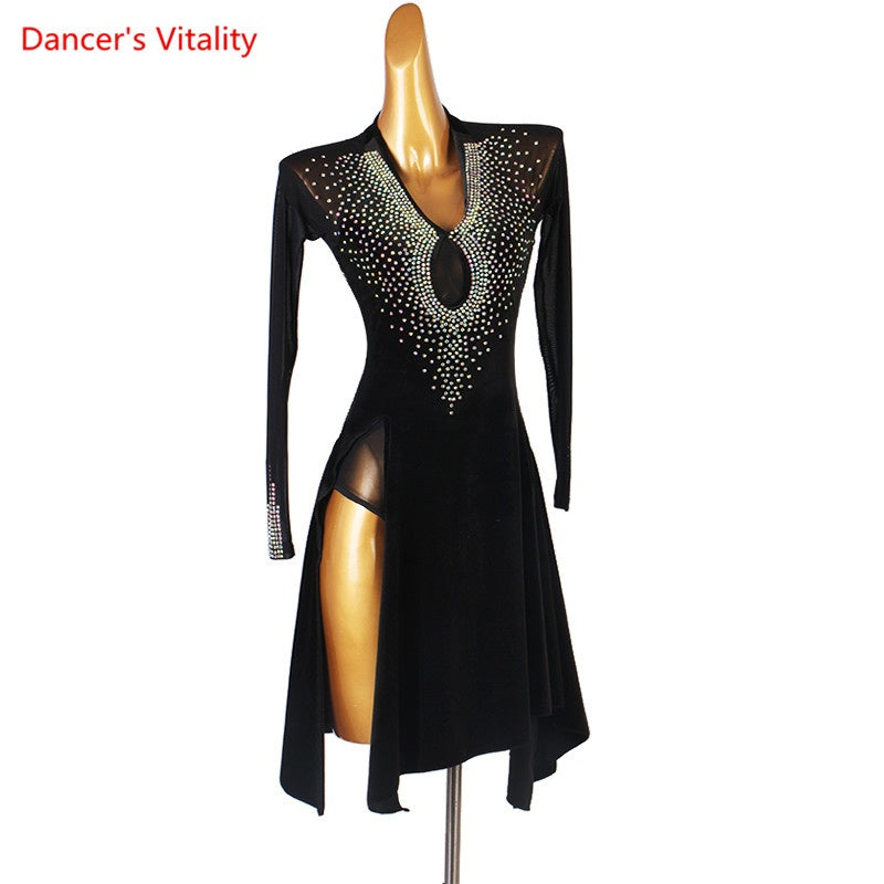 Latin Dance Dress Women Black Rhinestone Mesh Long Sleeve Keyhole Velvet Slit Skirt