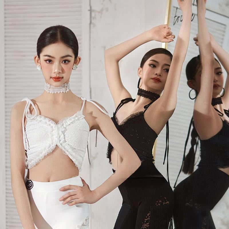 Women's White Lace Ruffled Crop Top Latin Dance Bra, Women's Black Sequin Lace Camisole Latin Dance Top