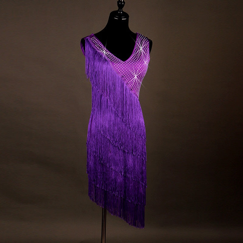 Women's Purple Rhinestone Fringe Latin Dance Dress