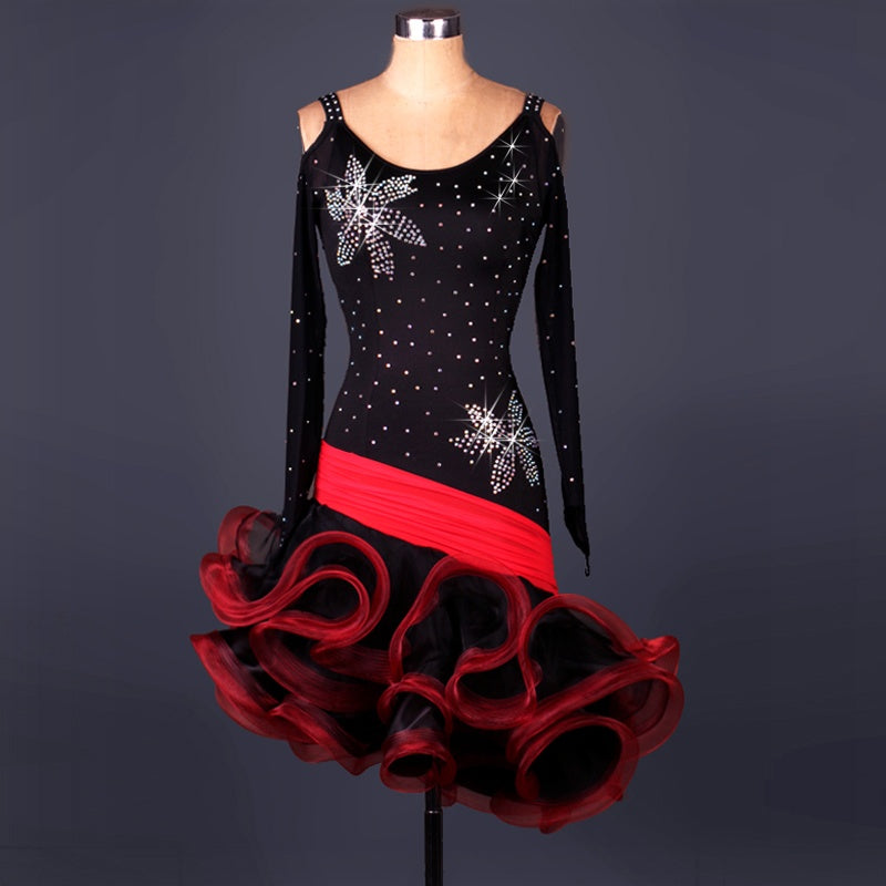 Women's Black & Red Rhinestone Latin Dance Dress, Long Sleeve, Ruffled Skirt, Ballroom Samba Salsa