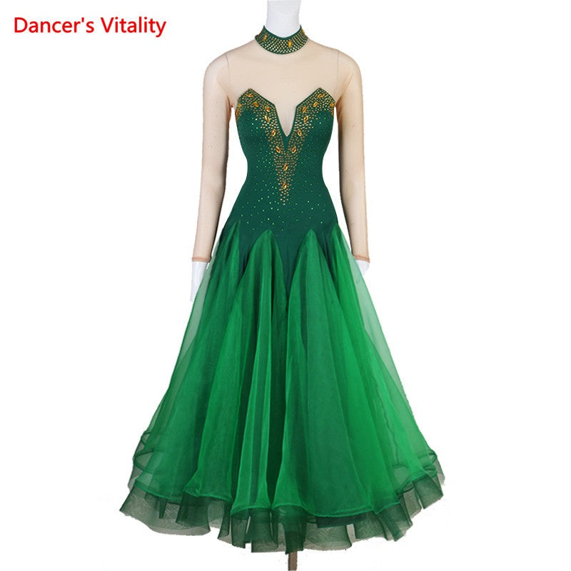 Ballroom Dance Dress Women's Green Mesh Long Sleeve Embellished Gown Standard Waltz Tango Competition Costume