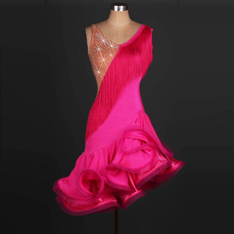 Women's Hot Pink Latin Dance Dress with Fringe, Rhinestones, and Ruffled Skirt